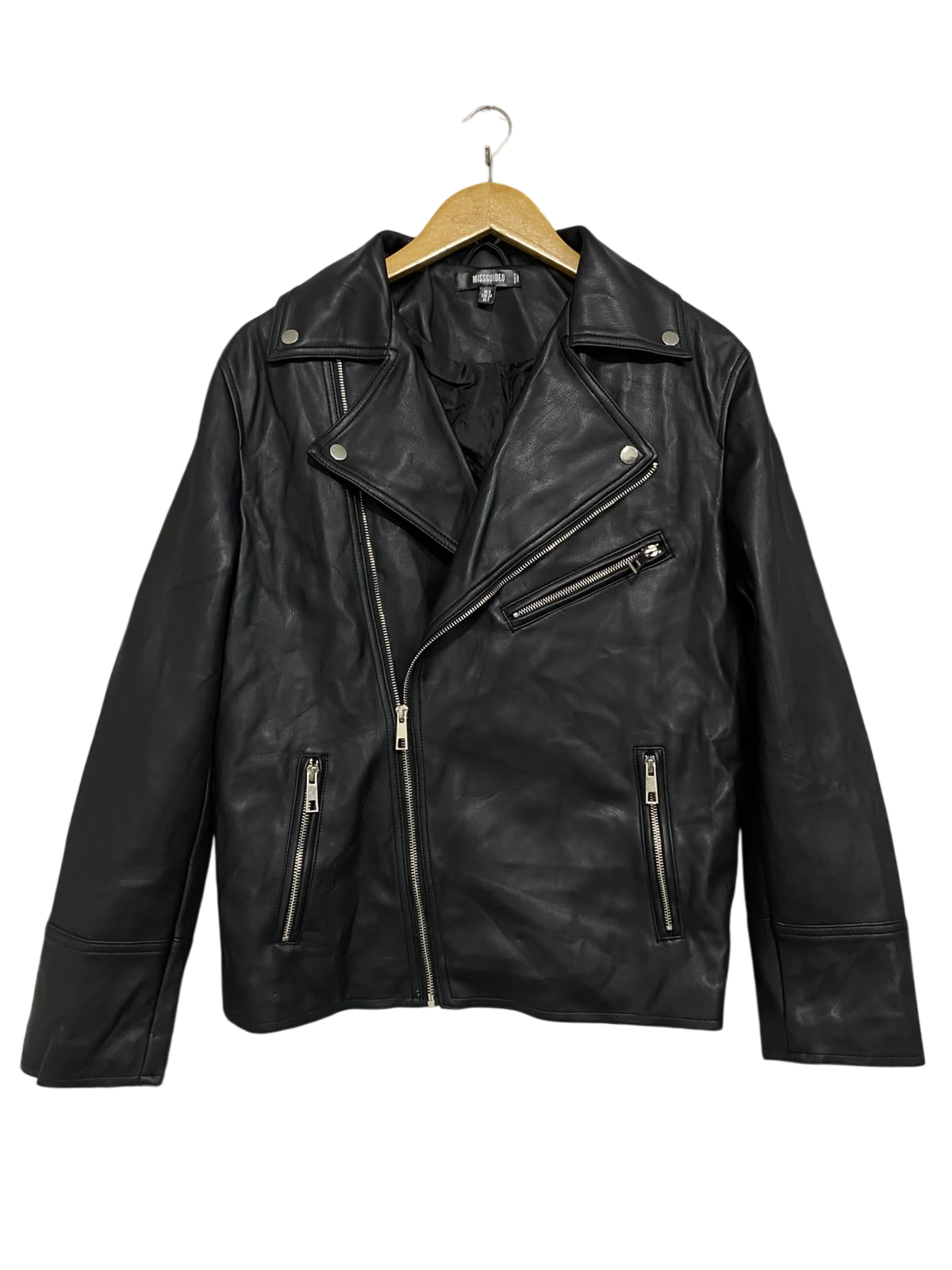 MISSGUIDED |M| BUST 20| A51| BLACK FAUX-LEATHER BIKER TECHNICAL UTILITY JACKET