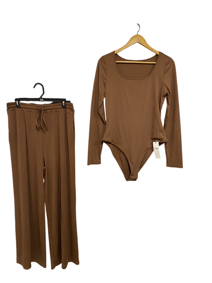 YOZY |XL| A51| BROWN RIBBED SCOOP-NECK BODYSUIT AND WIDE-LEG PANTS TECHNICAL UTILITY SET
