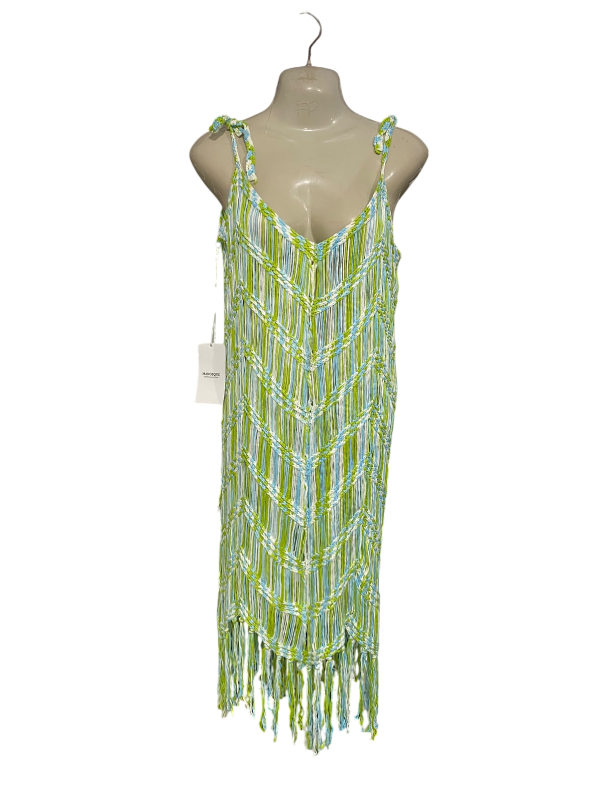 MANOSQUE |M| BUST 17| A51| MULTICOLOR CROCHET FRINGE TIE-STRAP TECHNICAL UTILITY BEACH DRESS