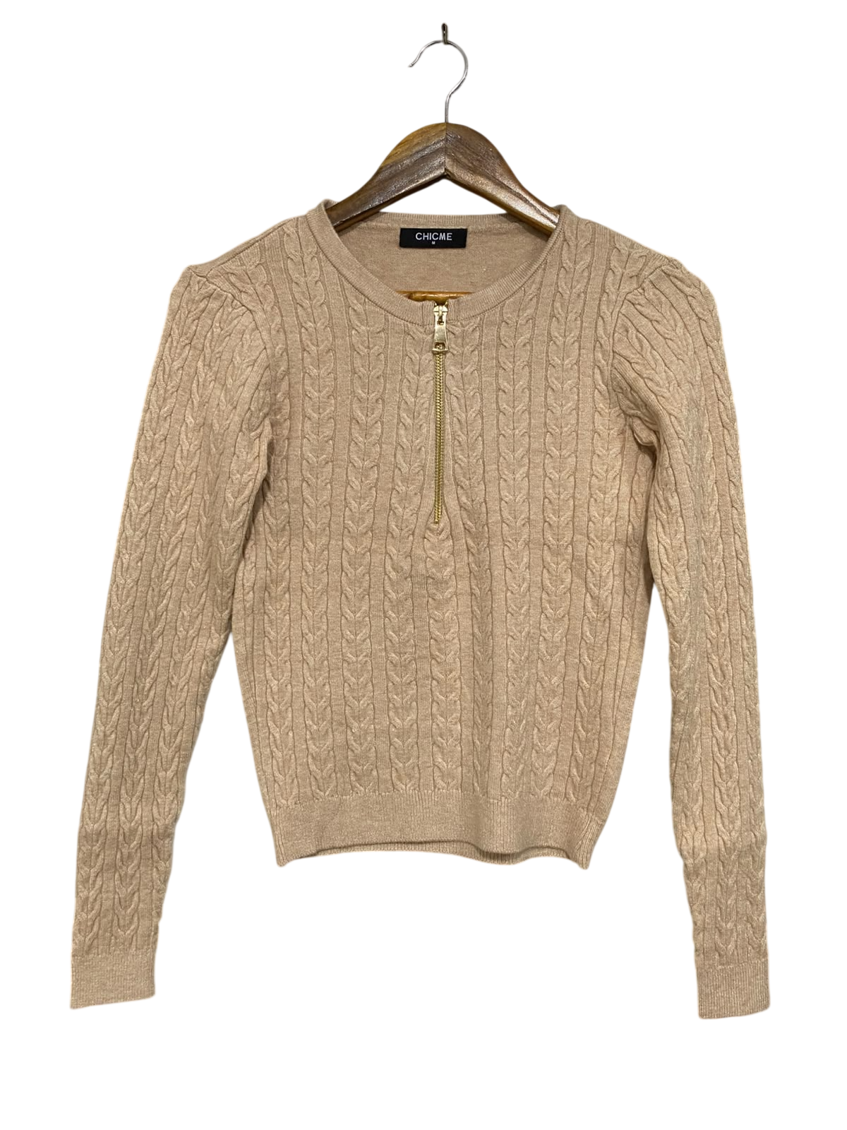 CHICME |M| BUST 16| A51| BEIGE CABLE-KNIT HALF-ZIP TECHNICAL UTILITY SWEATER