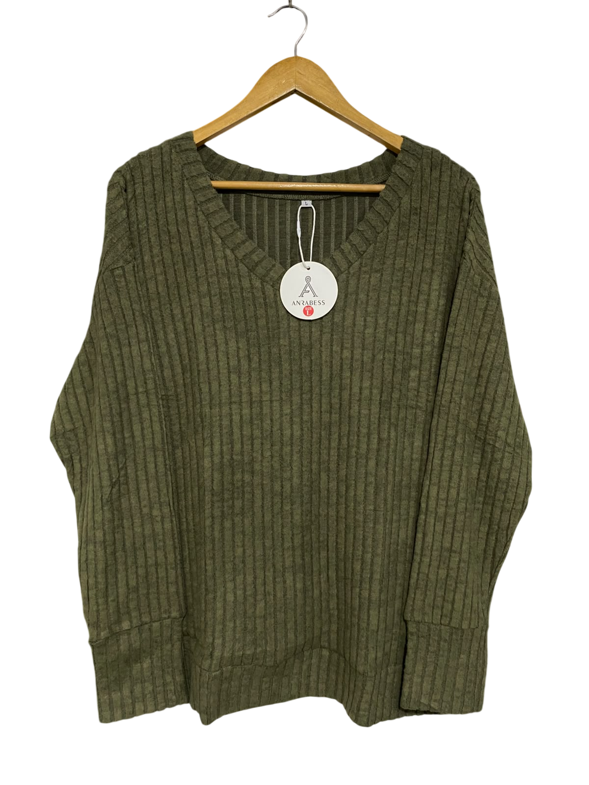 ANRABESS |L| BUST 22| A51| OLIVE GREEN V-NECK RIBBED TECHNICAL UTILITY PULLOVER SWEATER