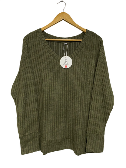 ANRABESS |L| BUST 22| A51| OLIVE GREEN V-NECK RIBBED TECHNICAL UTILITY PULLOVER SWEATER