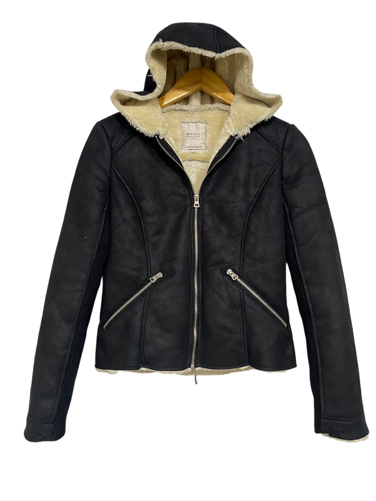 ZARA |S| BUST 17| A51| BLACK LEATHER-EFFECT SHEARLING-LINED TECHNICAL UTILITY HOODED JACKET