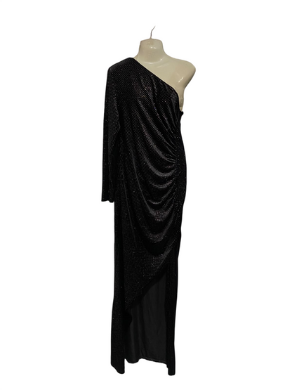 QUIZ |M| BUST 18| A52| BLACK RHINESTONE ONE-SHOULDER TECHNICAL UTILITY GOWN