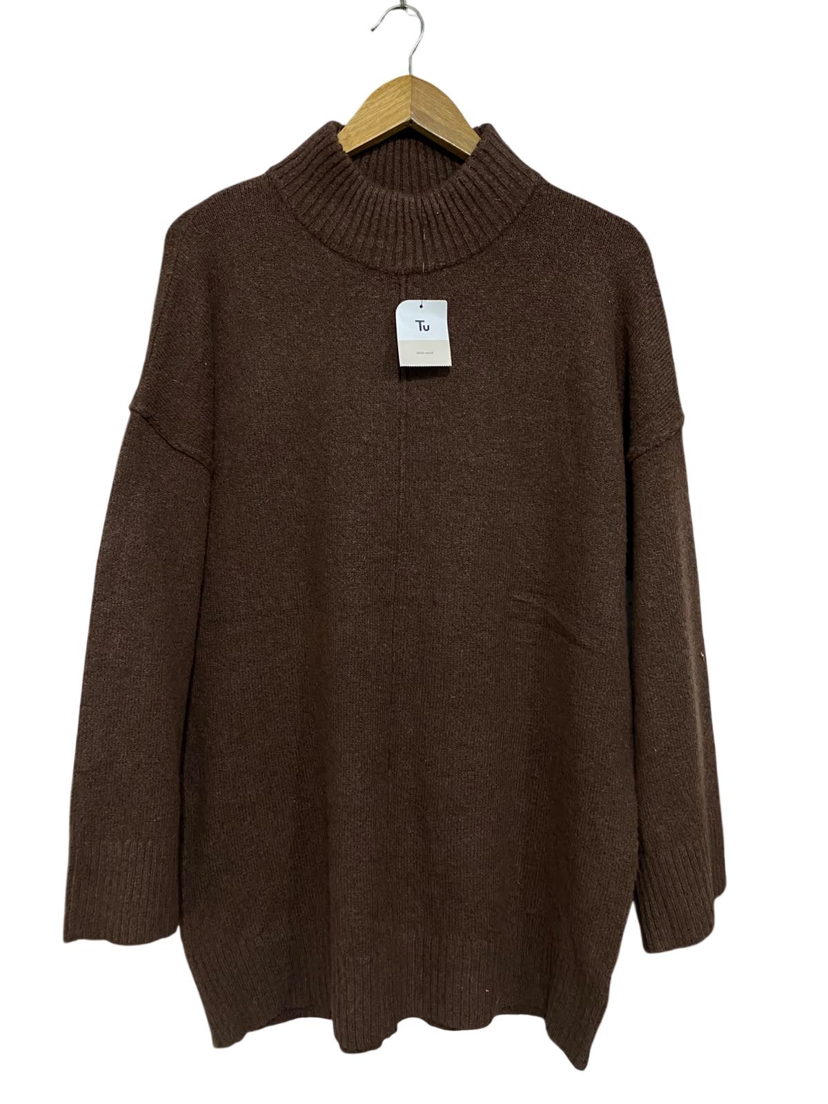 TU WOMAN |M| BUST 23| A52| BROWN RIBBED MOCK-NECK TECHNICAL UTILITY TUNICA SWEATER