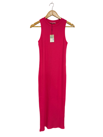 PRIMARK |S| BUST 13| A52| HOT PINK RIBBED CREW-NECK TECHNICAL UTILITY MIDI DRESS