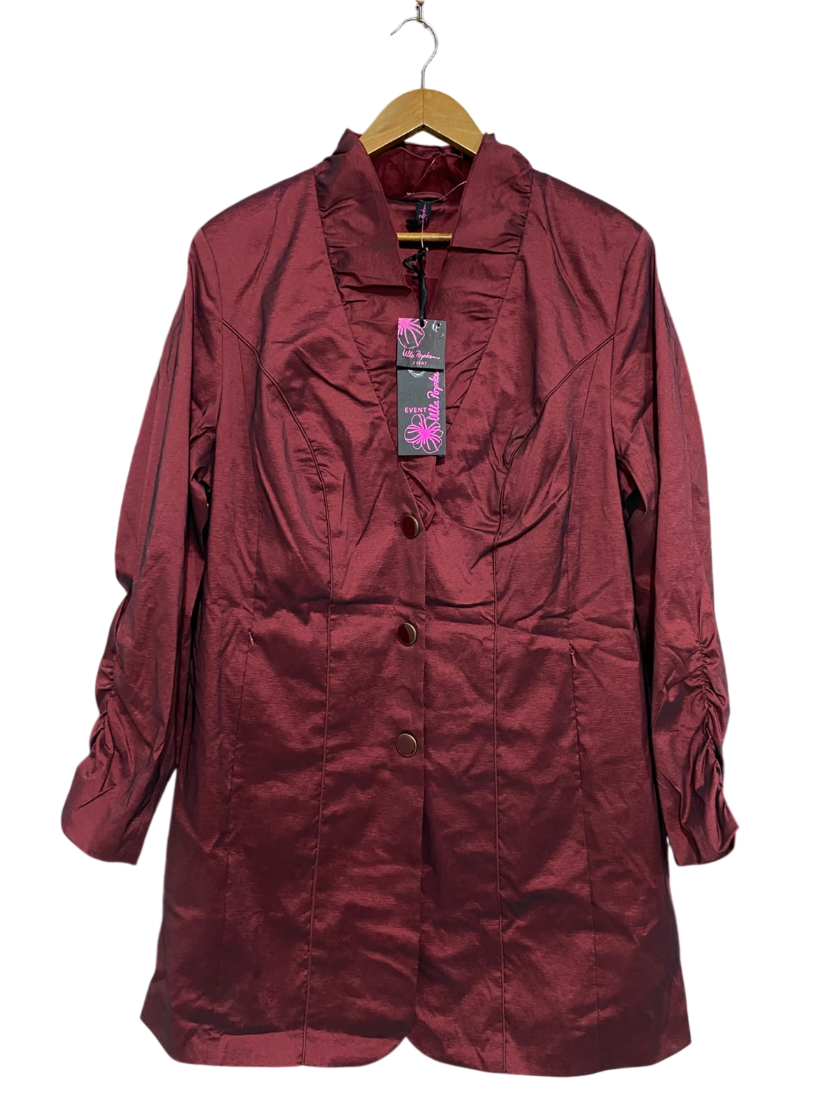 ULLA POPKEN |L| BUST 22| A52| BURGUNDY RUFFLED-COLLAR TECHNICAL UTILITY LONG JACKET