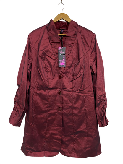 ULLA POPKEN |L| BUST 22| A52| BURGUNDY RUFFLED-COLLAR TECHNICAL UTILITY LONG JACKET