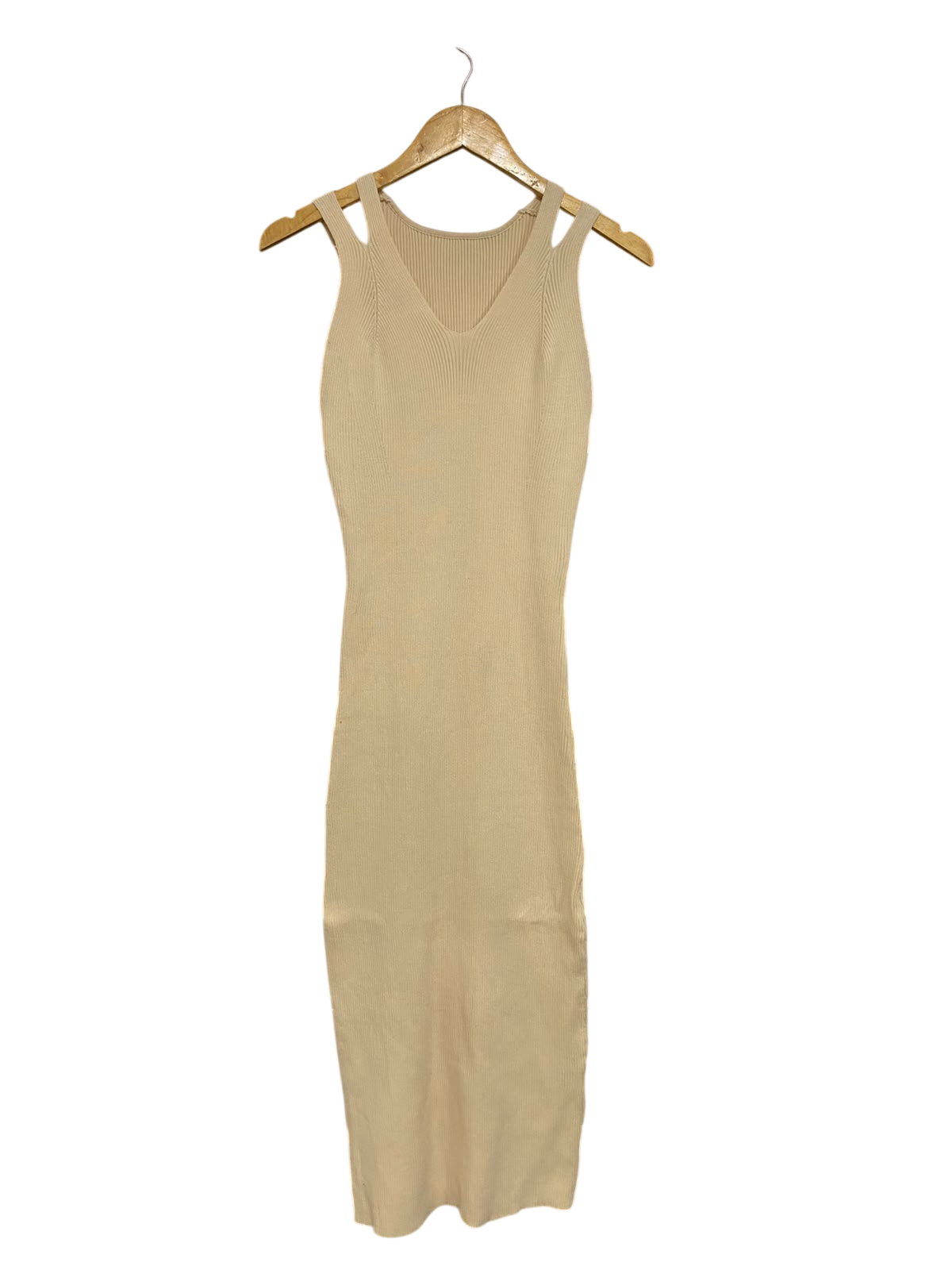 SHEIN |M| BUST 13| A52| BEIGE STRAP-DETAIL RIBBED TECHNICAL UTILITY MIDI DRESS