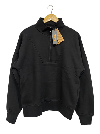 RISING |S/M| BUST 22| A52| BLACK QUARTER-ZIP STAND-COLLAR TECHNICAL UTILITY SWEATSHIRT