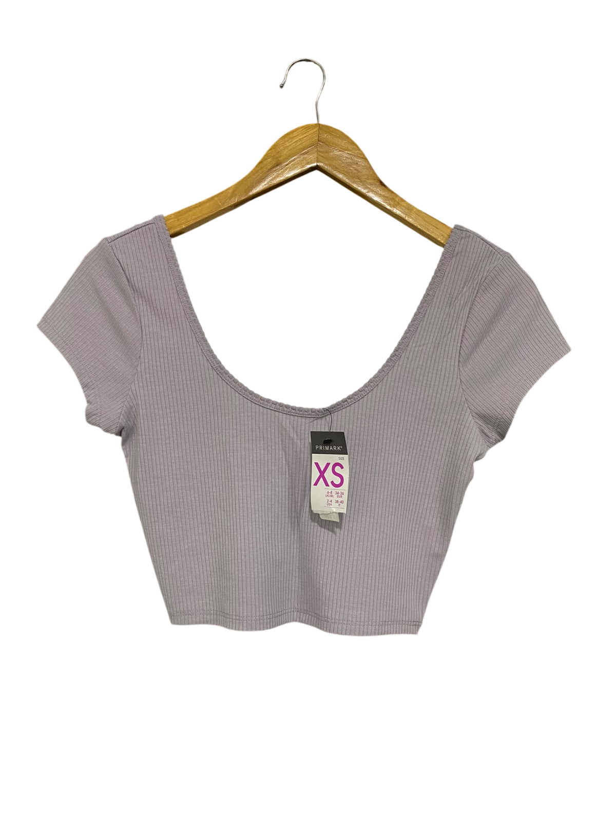 PRIMARK |XS| BUST 15| A52| LILAC RIBBED LOW-SCOOP TECHNICAL UTILITY CROP TOP