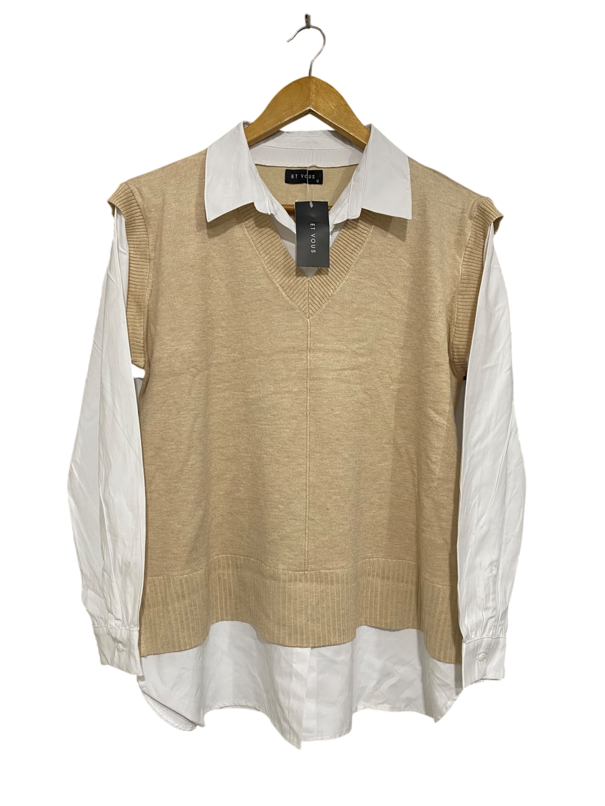 ET VOUS |M| BUST 22| A52| CAMEL AND WHITE LAYERED-LOOK TECHNICAL UTILITY SWEATER VEST TOP