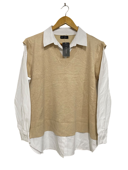 ET VOUS |M| BUST 22| A52| CAMEL AND WHITE LAYERED-LOOK TECHNICAL UTILITY SWEATER VEST TOP