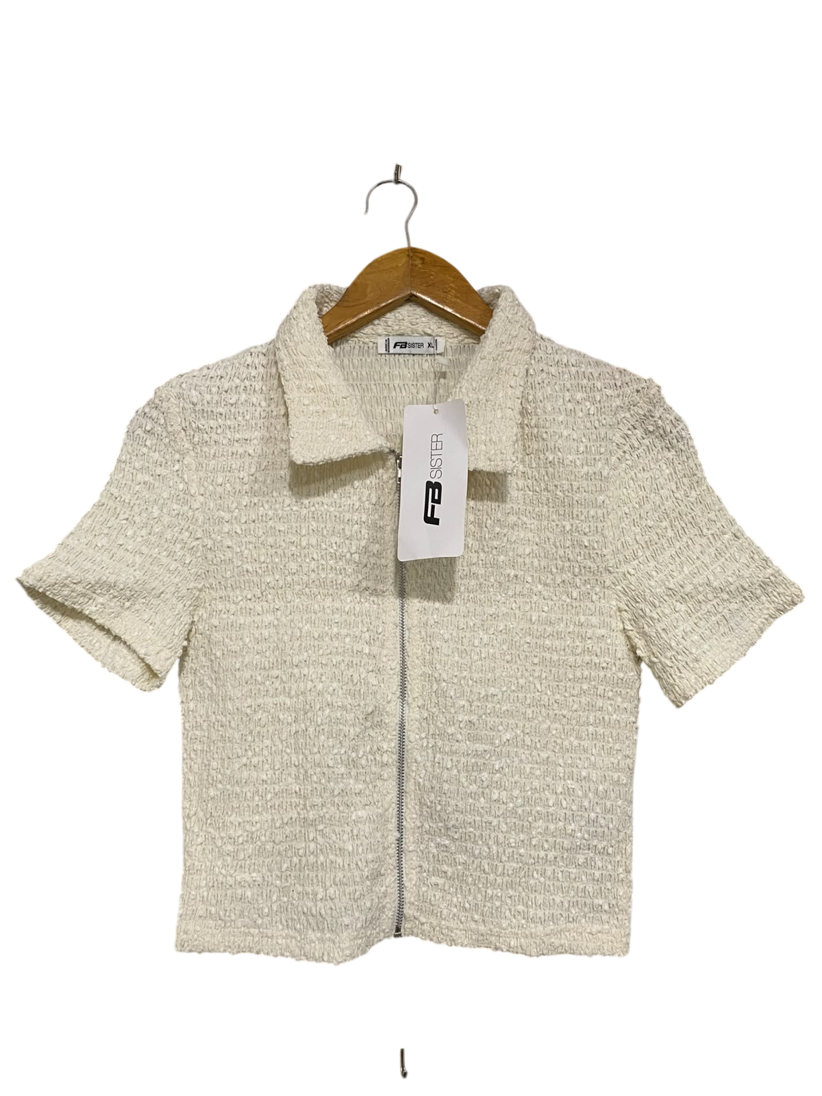 FB SISTER |XL| BUST 15| A52| CREAM TEXTURED FULL-ZIP TECHNICAL UTILITY COLLARED TOP