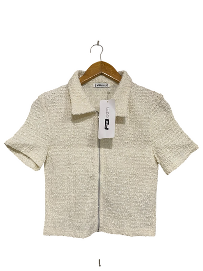 FB SISTER |XL| BUST 15| A52| CREAM TEXTURED FULL-ZIP TECHNICAL UTILITY COLLARED TOP