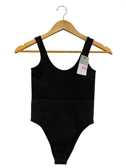 PRIMARK |XS| BUST 11| A52| BLACK RIBBED SCOOP-NECK TECHNICAL UTILITY BODYSUIT