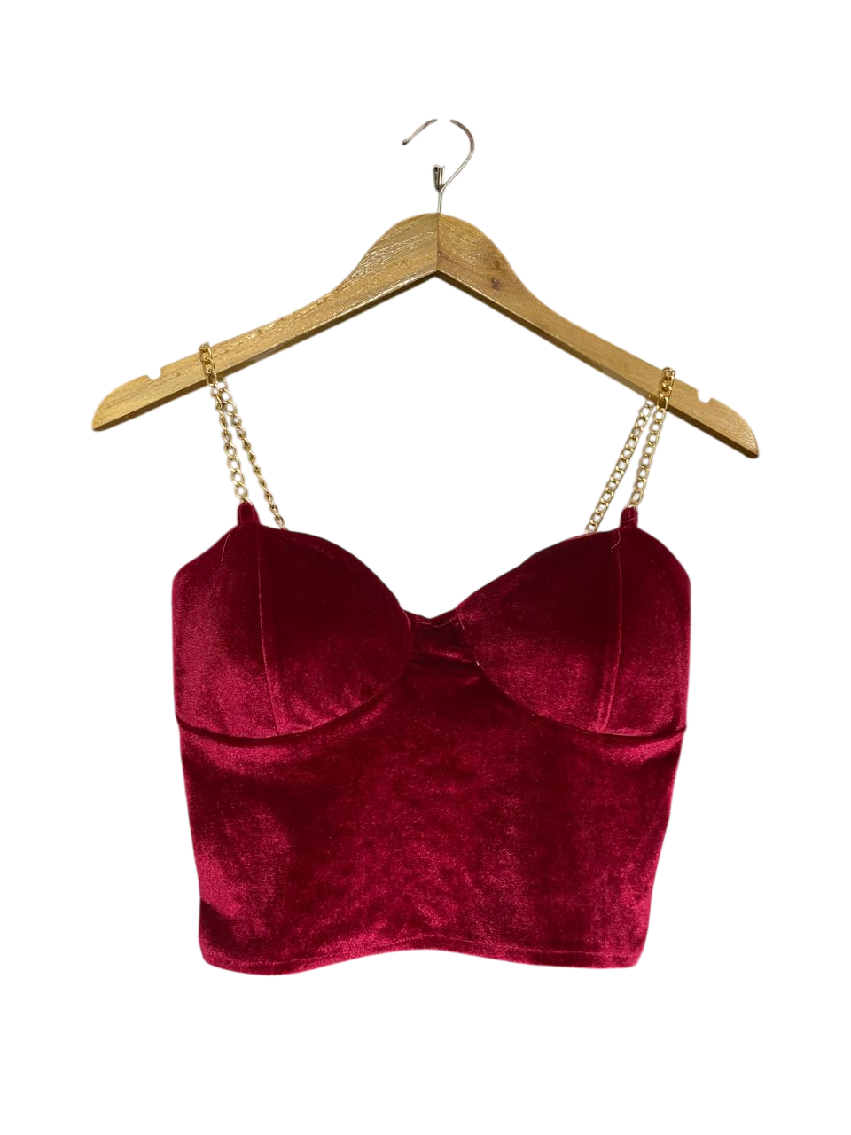 R FASHION |XS| BUST 15| A51| BURGUNDY VELVET GOLD-CHAIN STRAP TECHNICAL UTILITY CORSET TOP