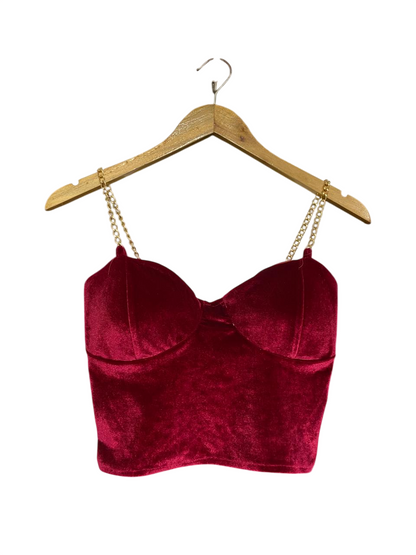 R FASHION |XS| BUST 15| A51| BURGUNDY VELVET GOLD-CHAIN STRAP TECHNICAL UTILITY CORSET TOP