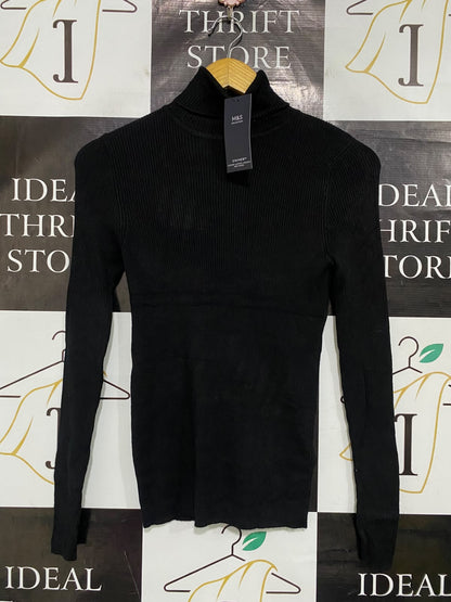 M&S |XS| BUST 13| A52| BLACK M&S TURTLENECK RIBBED TECHNICAL UTILITY TOP
