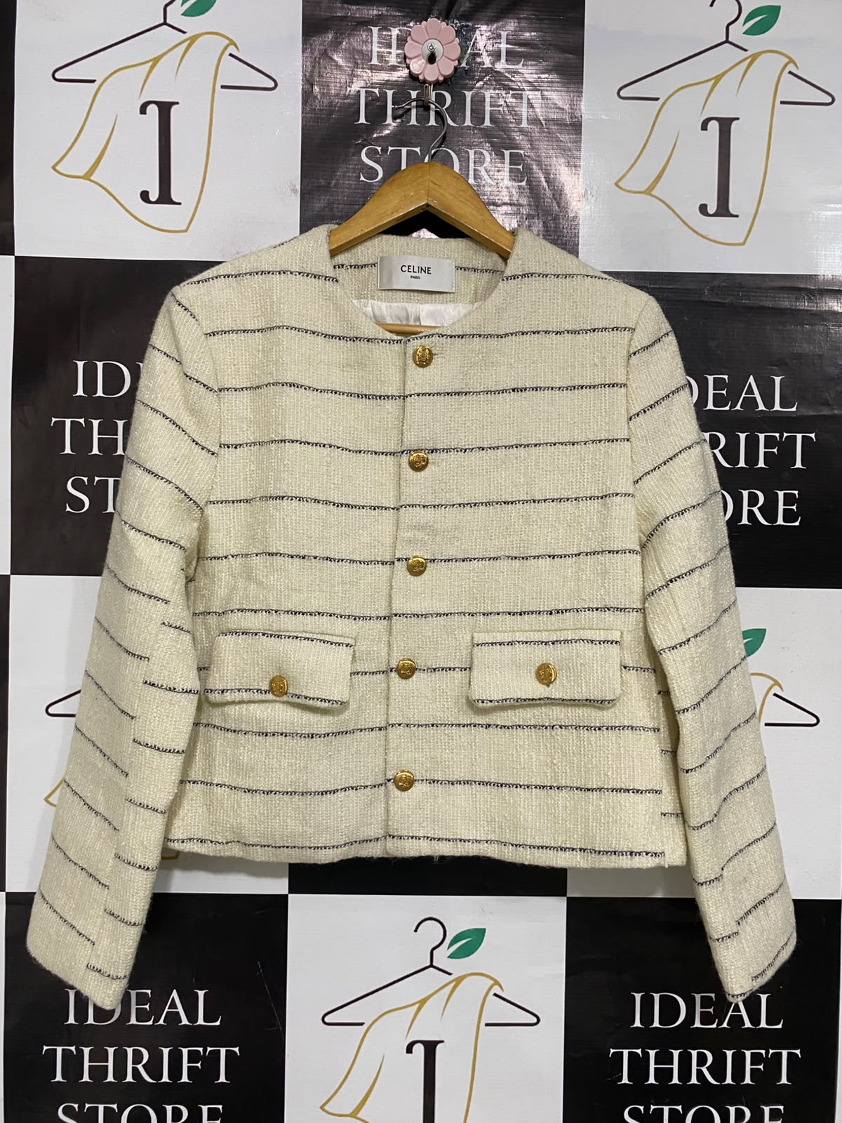 CELINE |XL| BUST 20| A52| CREAM AND BLACK STRIPED TWEED TECHNICAL UTILITY JACKET