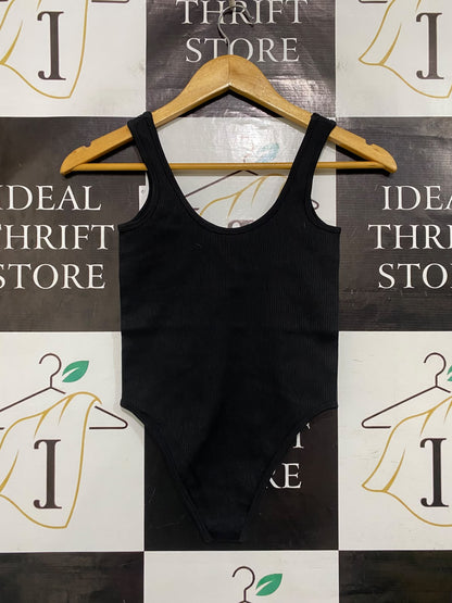 PRIMARK |XS| BUST 11| A52| BLACK RIBBED SCOOP-NECK TECHNICAL UTILITY BODYSUIT