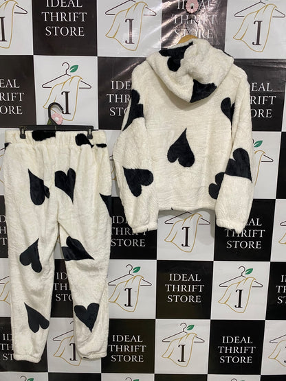 THE LABEL |S/M| A52| CREAM AND BLACK HEART-PRINT FLEECE TECHNICAL UTILITY LOUNGE SET