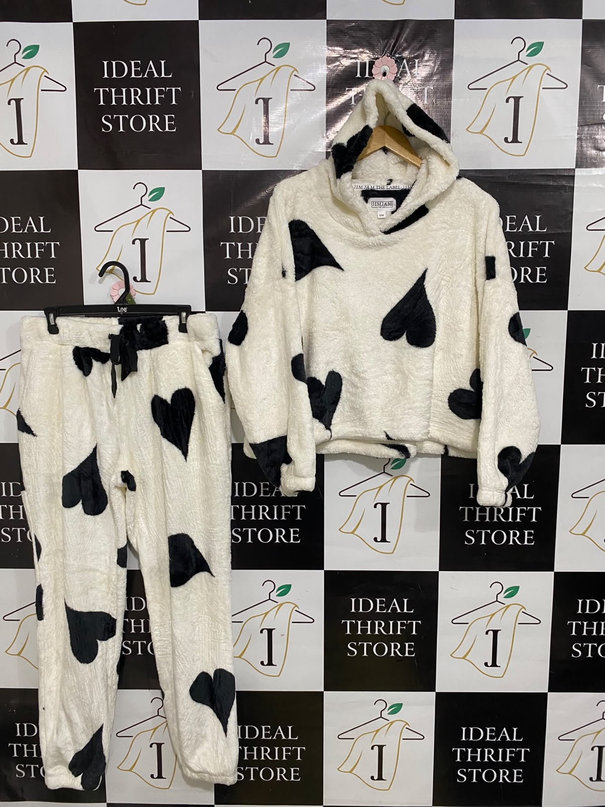 THE LABEL |S/M| A52| CREAM AND BLACK HEART-PRINT FLEECE TECHNICAL UTILITY LOUNGE SET