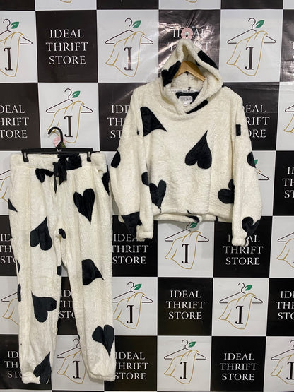 THE LABEL |S/M| A52| CREAM AND BLACK HEART-PRINT FLEECE TECHNICAL UTILITY LOUNGE SET