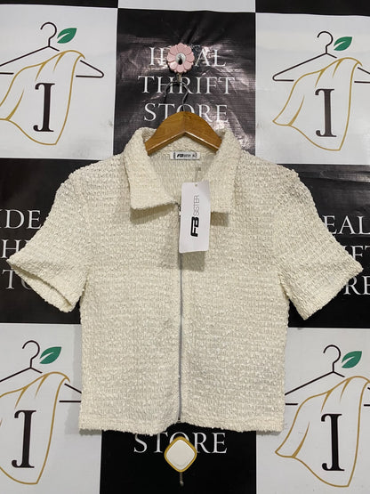FB SISTER |XL| BUST 15| A52| CREAM TEXTURED FULL-ZIP TECHNICAL UTILITY COLLARED TOP