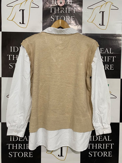 ET VOUS |M| BUST 22| A52| CAMEL AND WHITE LAYERED-LOOK TECHNICAL UTILITY SWEATER VEST TOP
