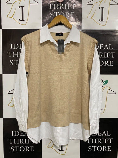 ET VOUS |M| BUST 22| A52| CAMEL AND WHITE LAYERED-LOOK TECHNICAL UTILITY SWEATER VEST TOP