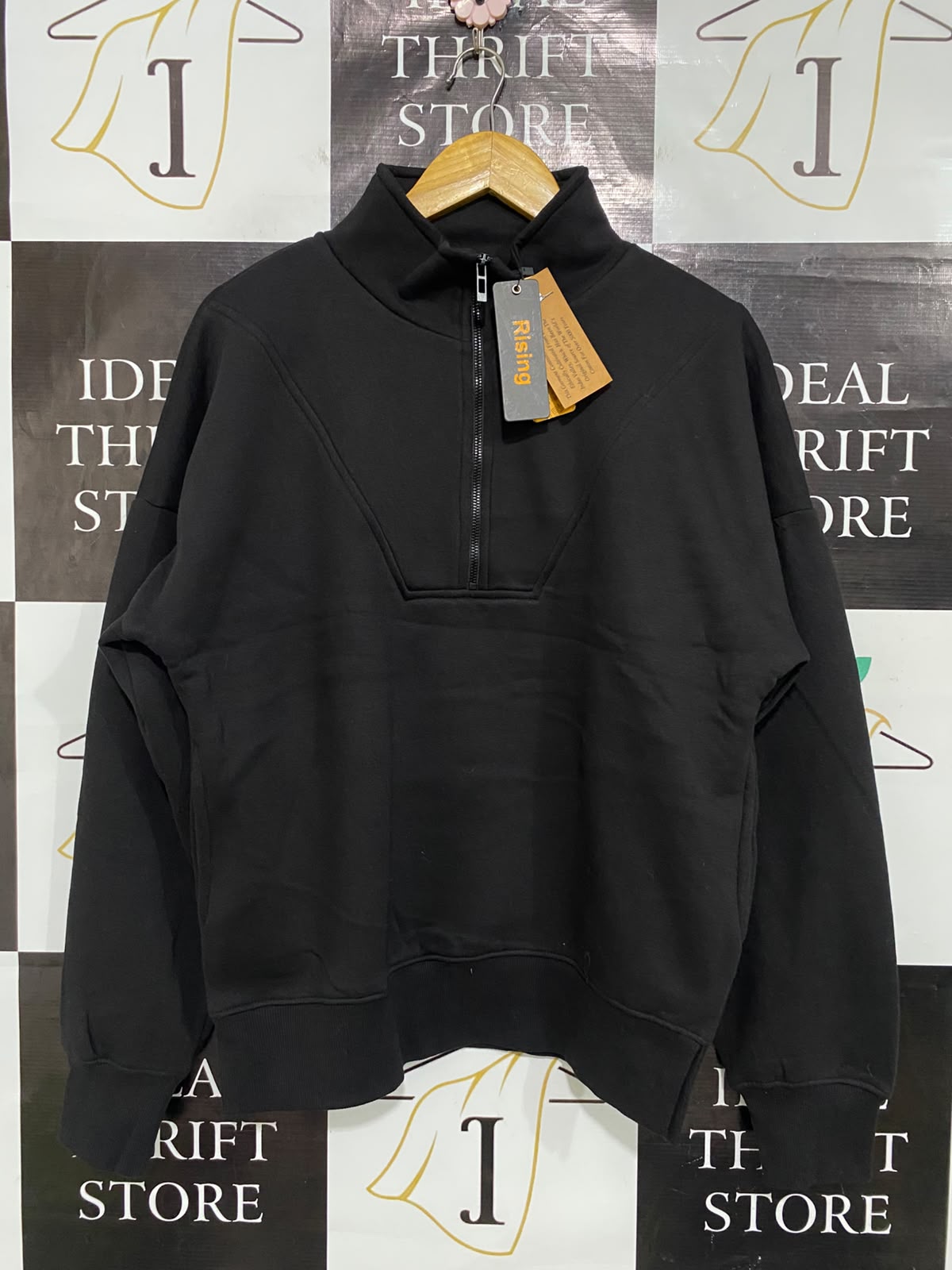 RISING |S/M| BUST 22| A52| BLACK QUARTER-ZIP STAND-COLLAR TECHNICAL UTILITY SWEATSHIRT