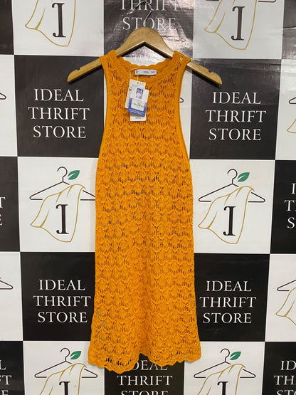 MNG |S| BUST 13| A52| MUSTARD CROCHET-STYLE KNIT TECHNICAL UTILITY MIDI DRESS