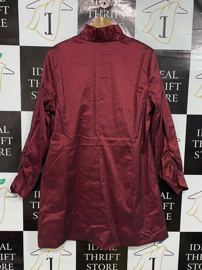 ULLA POPKEN |L| BUST 22| A52| BURGUNDY RUFFLED-COLLAR TECHNICAL UTILITY LONG JACKET