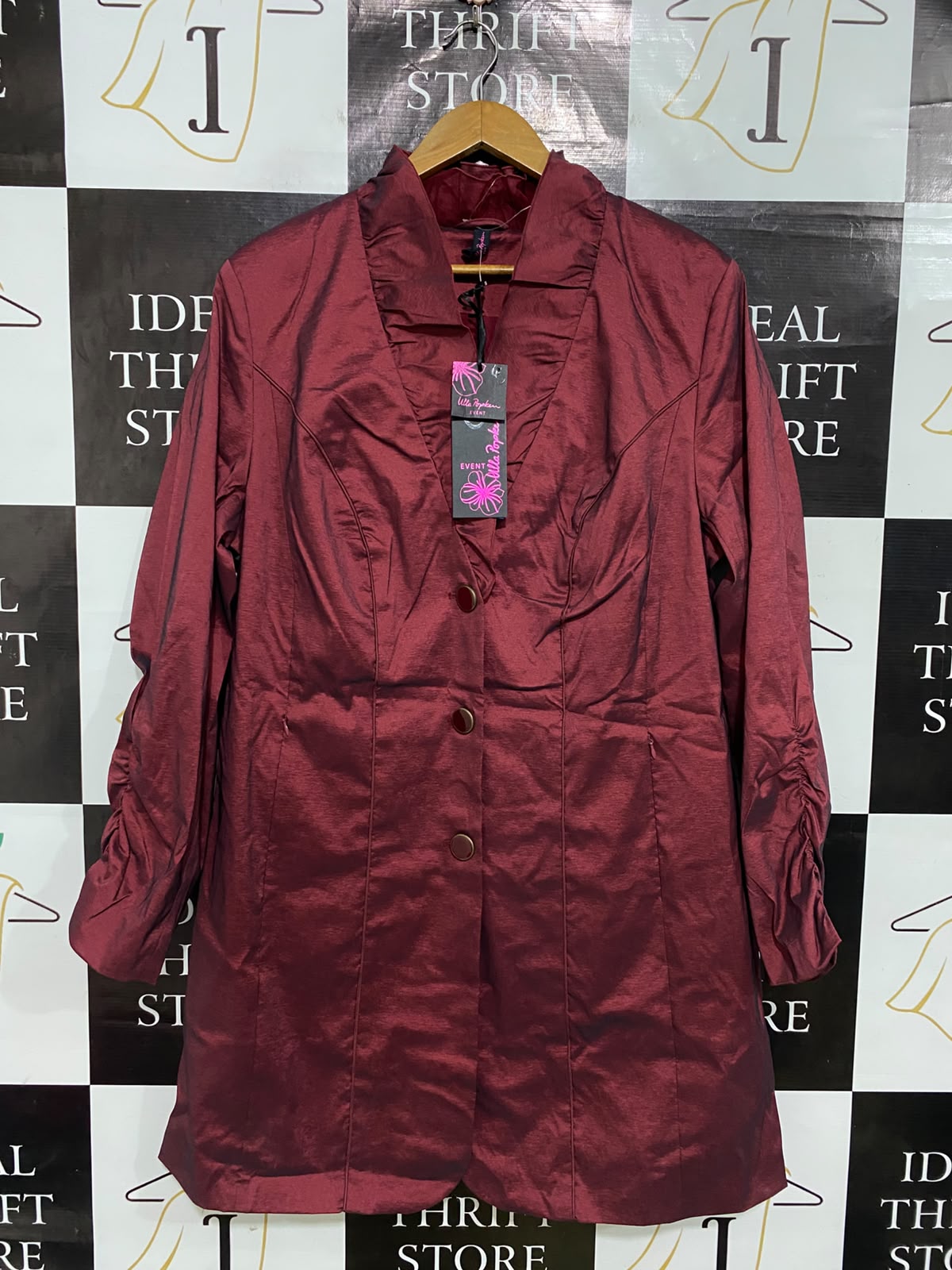 ULLA POPKEN |L| BUST 22| A52| BURGUNDY RUFFLED-COLLAR TECHNICAL UTILITY LONG JACKET