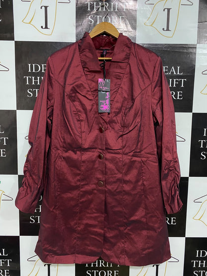 ULLA POPKEN |L| BUST 22| A52| BURGUNDY RUFFLED-COLLAR TECHNICAL UTILITY LONG JACKET