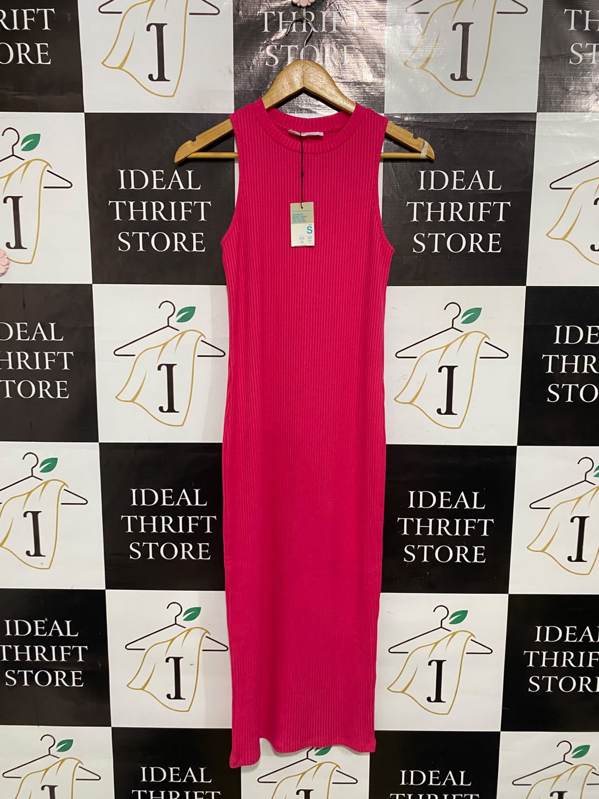 PRIMARK |S| BUST 13| A52| HOT PINK RIBBED CREW-NECK TECHNICAL UTILITY MIDI DRESS