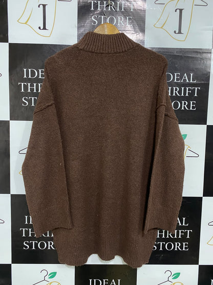 TU WOMAN |M| BUST 23| A52| BROWN RIBBED MOCK-NECK TECHNICAL UTILITY TUNICA SWEATER