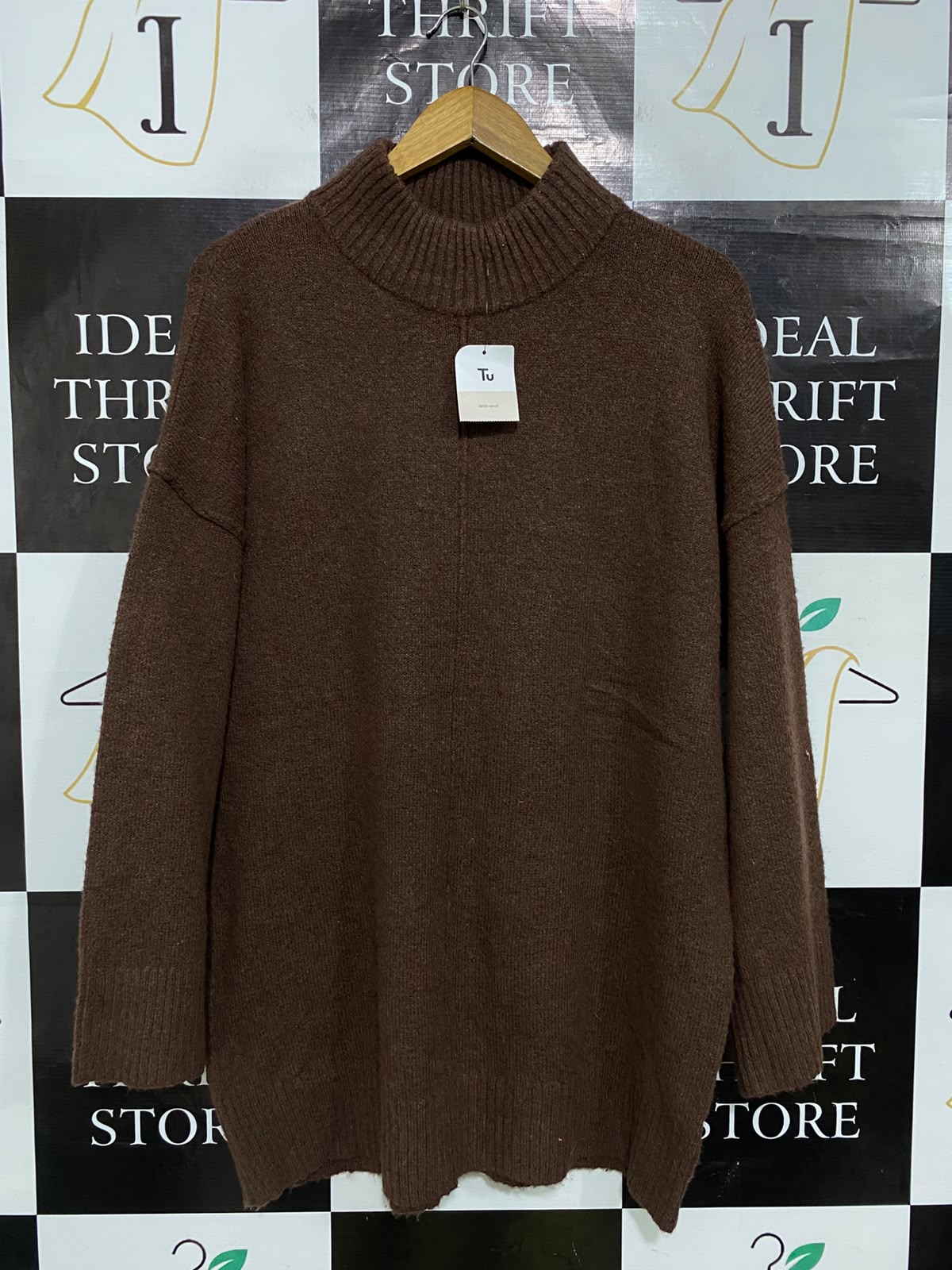 TU WOMAN |M| BUST 23| A52| BROWN RIBBED MOCK-NECK TECHNICAL UTILITY TUNICA SWEATER