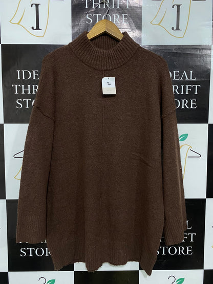 TU WOMAN |M| BUST 23| A52| BROWN RIBBED MOCK-NECK TECHNICAL UTILITY TUNICA SWEATER