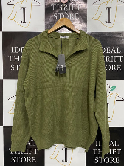 COOFANDY |XL| BUST 22| A52| OLIVE GREEN COLLARED TECHNICAL UTILITY KNIT SWEATER