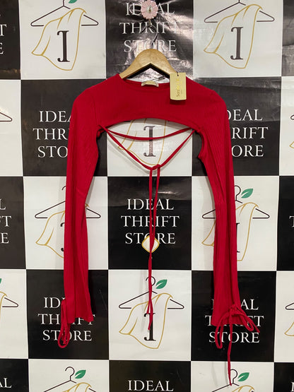 SORELLE UK |XS| BUST 14| A52| RED CUTOUT-DETAIL TIE-SLEEVE TECHNICAL UTILITY BOLERO TOP
