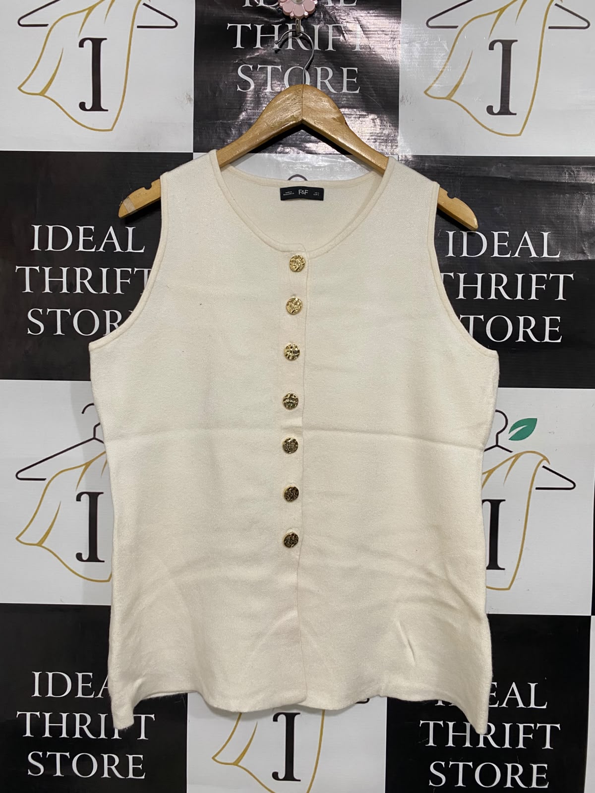 F&F |L| BUST 20| A52| CREAM GOLD-BUTTON SLEEVELESS TECHNICAL UTILITY VEST TOP