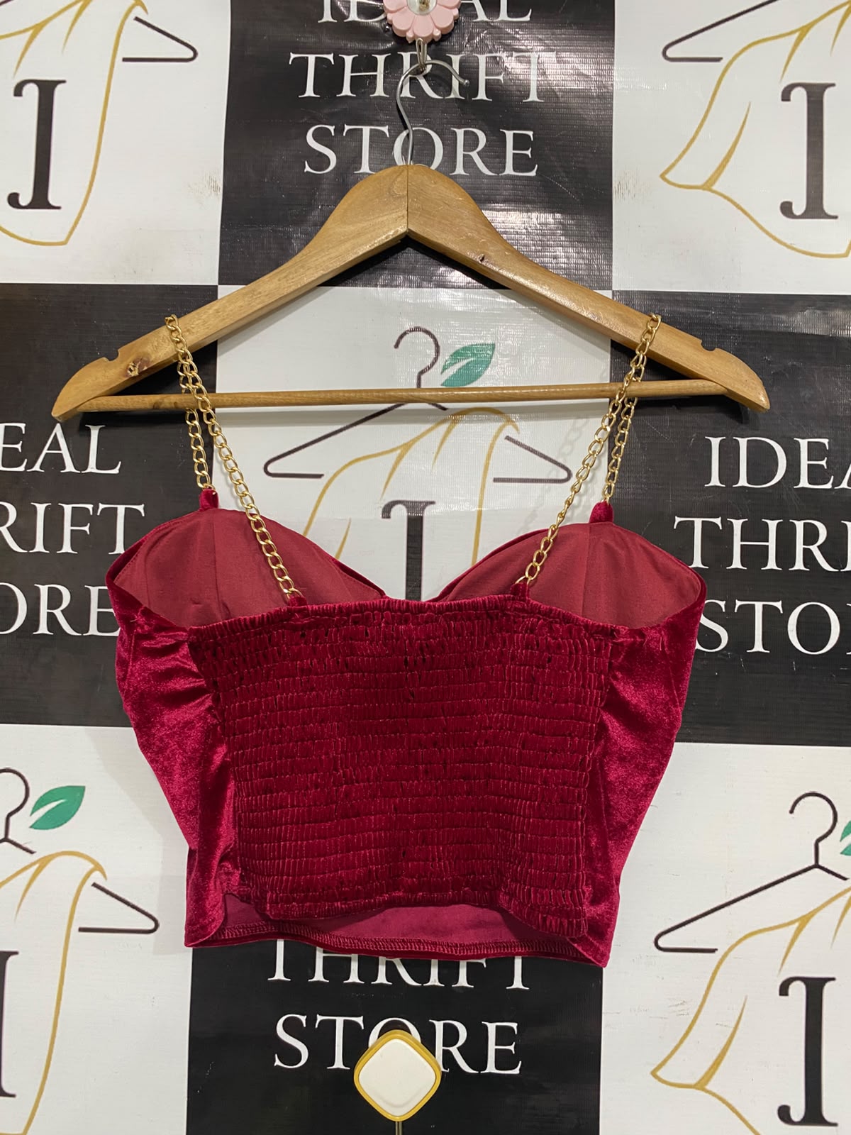 R FASHION |XS| BUST 15| A51| BURGUNDY VELVET GOLD-CHAIN STRAP TECHNICAL UTILITY CORSET TOP