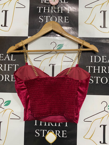 R FASHION |XS| BUST 15| A51| BURGUNDY VELVET GOLD-CHAIN STRAP TECHNICAL UTILITY CORSET TOP