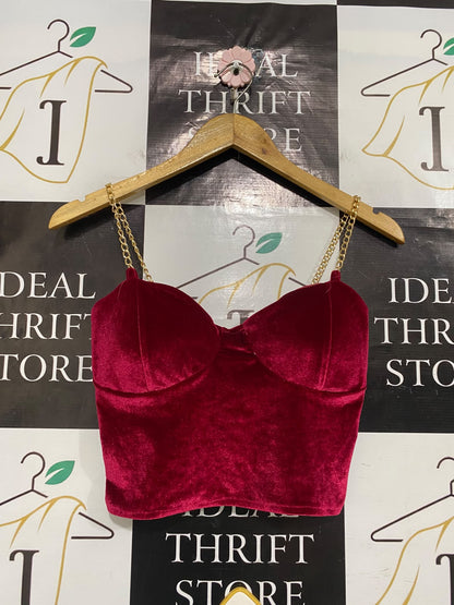 R FASHION |XS| BUST 15| A51| BURGUNDY VELVET GOLD-CHAIN STRAP TECHNICAL UTILITY CORSET TOP