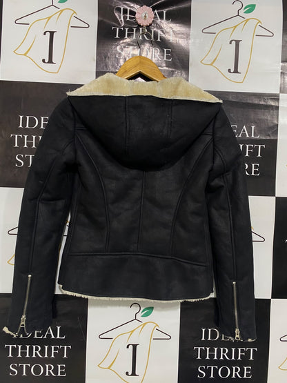 ZARA |S| BUST 17| A51| BLACK LEATHER-EFFECT SHEARLING-LINED TECHNICAL UTILITY HOODED JACKET