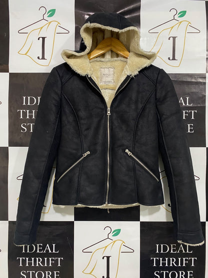 ZARA |S| BUST 17| A51| BLACK LEATHER-EFFECT SHEARLING-LINED TECHNICAL UTILITY HOODED JACKET