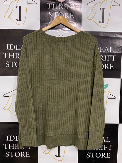 ANRABESS |L| BUST 22| A51| OLIVE GREEN V-NECK RIBBED TECHNICAL UTILITY PULLOVER SWEATER
