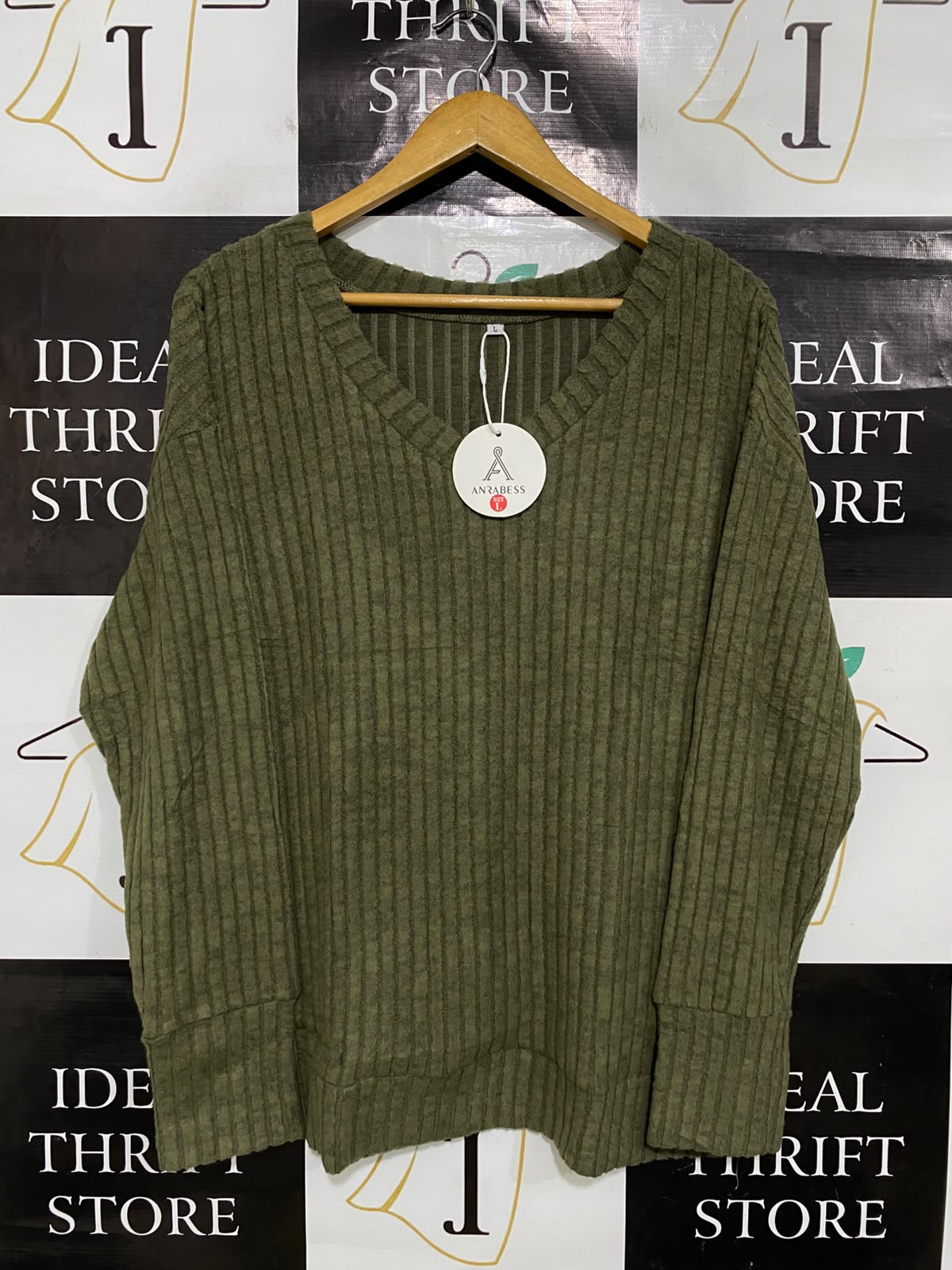 ANRABESS |L| BUST 22| A51| OLIVE GREEN V-NECK RIBBED TECHNICAL UTILITY PULLOVER SWEATER